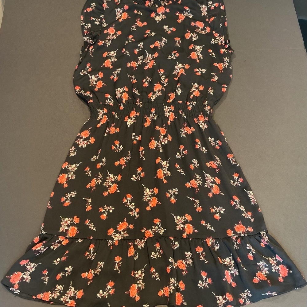 Saks Fifth Avenue Floral Print Midi Dress Women Size 10 Black Red Ruffle